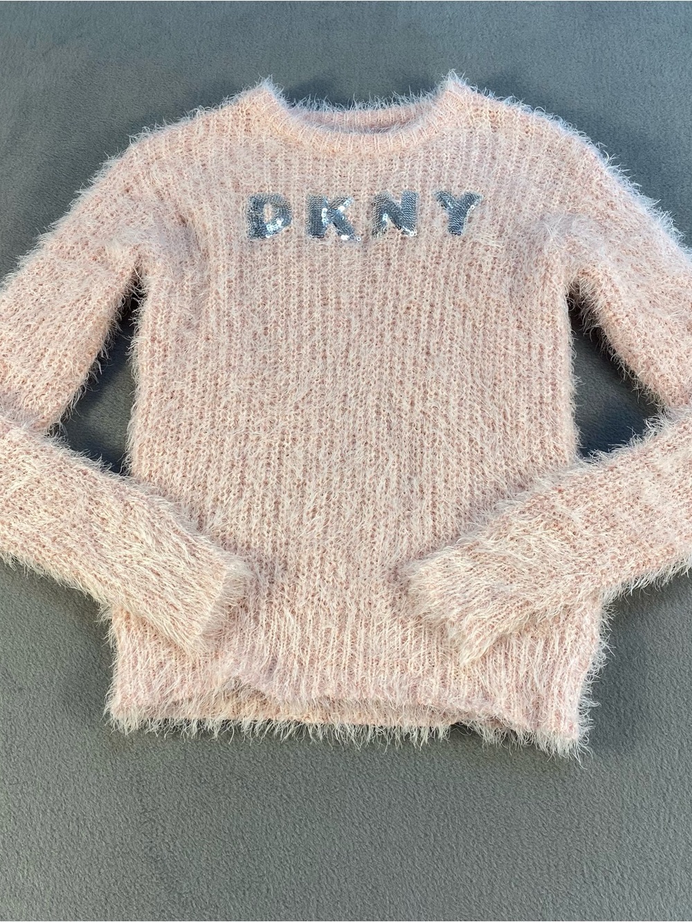 DKNY Women’s Pink Fuzzy knit pullover Crewneck Sweater with silver sequin logo,M